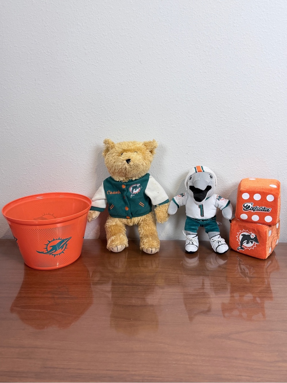 NFL Miami Dolphins Fan Plush Lot: Bear, Dolphin, Dice & Bucket